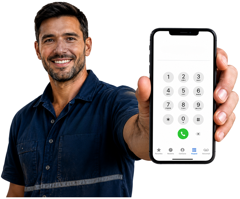 Glebe Blocked Drains plumber holding a phone — call 1300 261 965