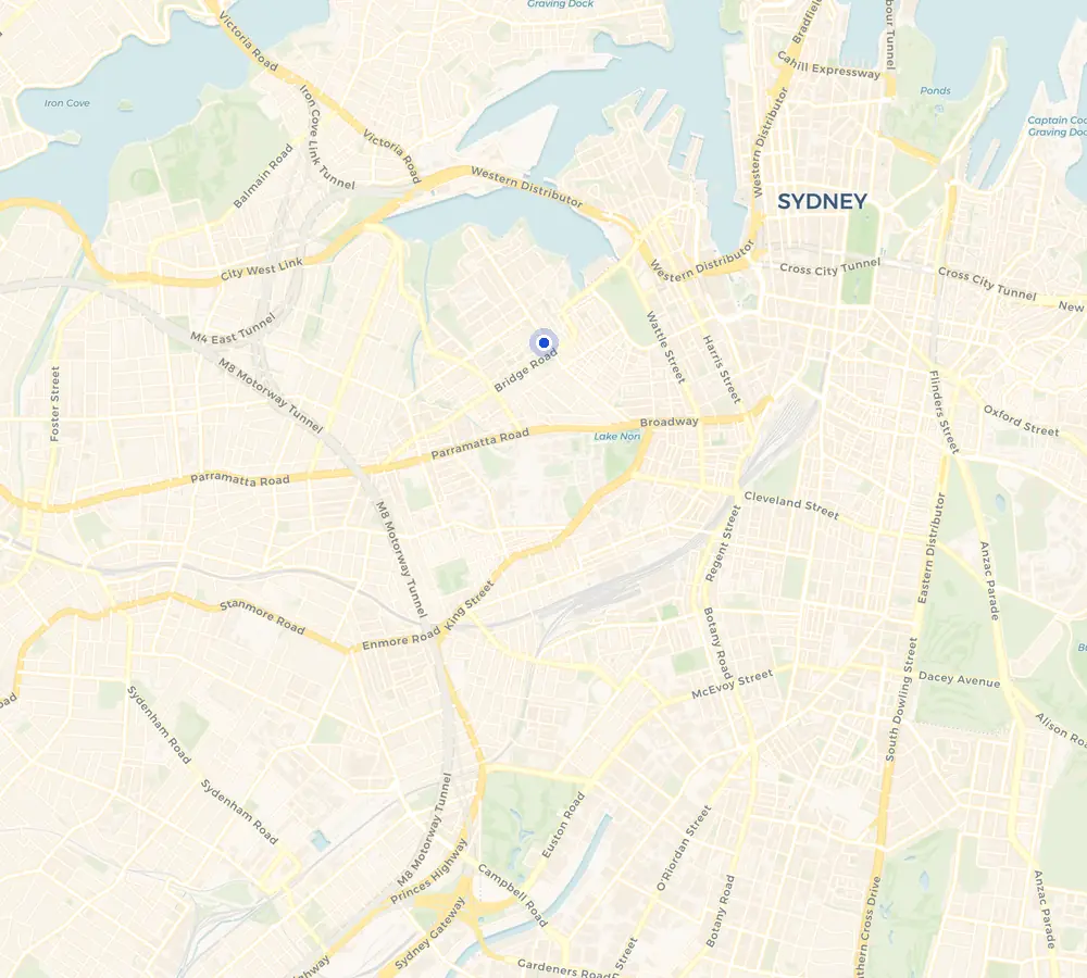 Map of the Glebe service area and the surrounding Inner West, showing Glebe and the nearby streets we cover.