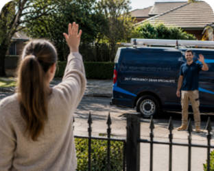 Customer waving goodbye to a Glebe Blocked Drains plumber